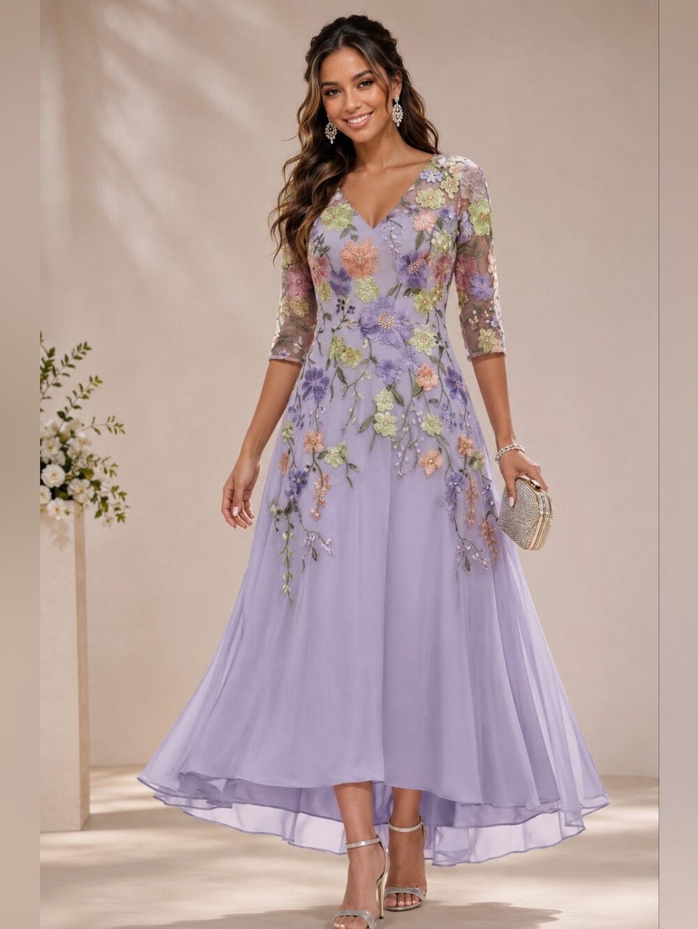 💜 New With Tags | Mondressy Lilac Lace Floral Chiffon Dress | Size 14